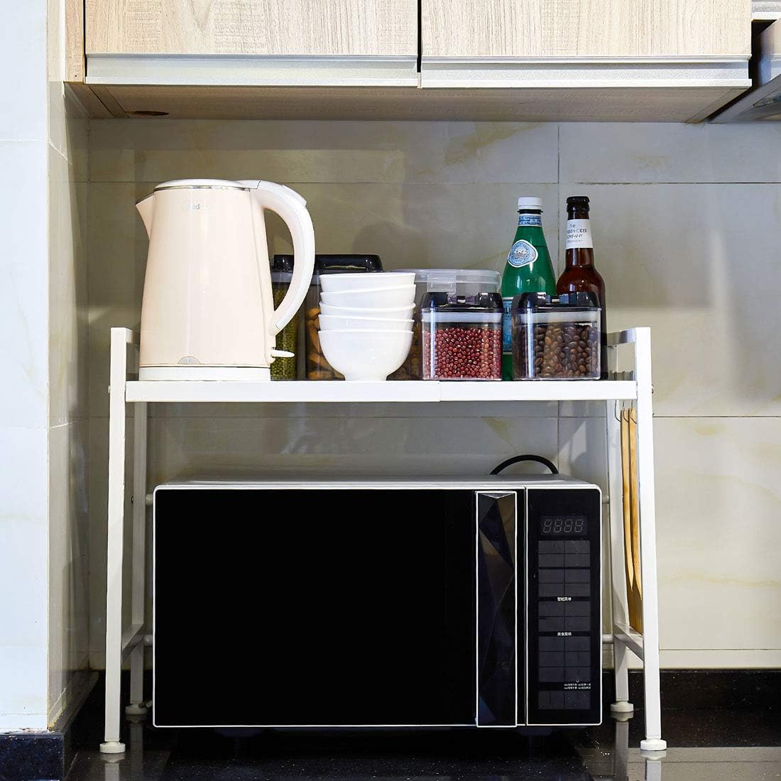 Expandable White Microwave Oven Rack Shelf Storage Stand, 2 Tiers with 3 Hooks J283402