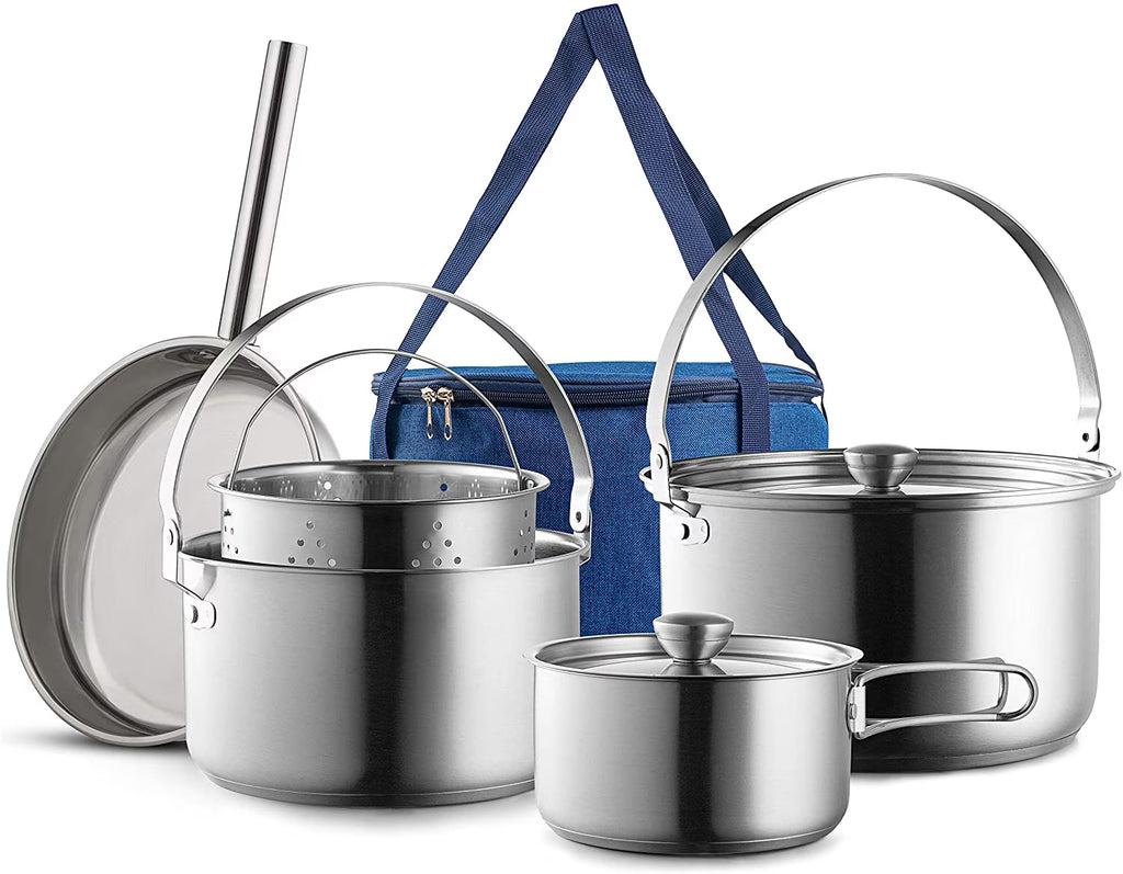 8pc Stainless Steel Camping Cookware Set with Travel Tote Bag B181569