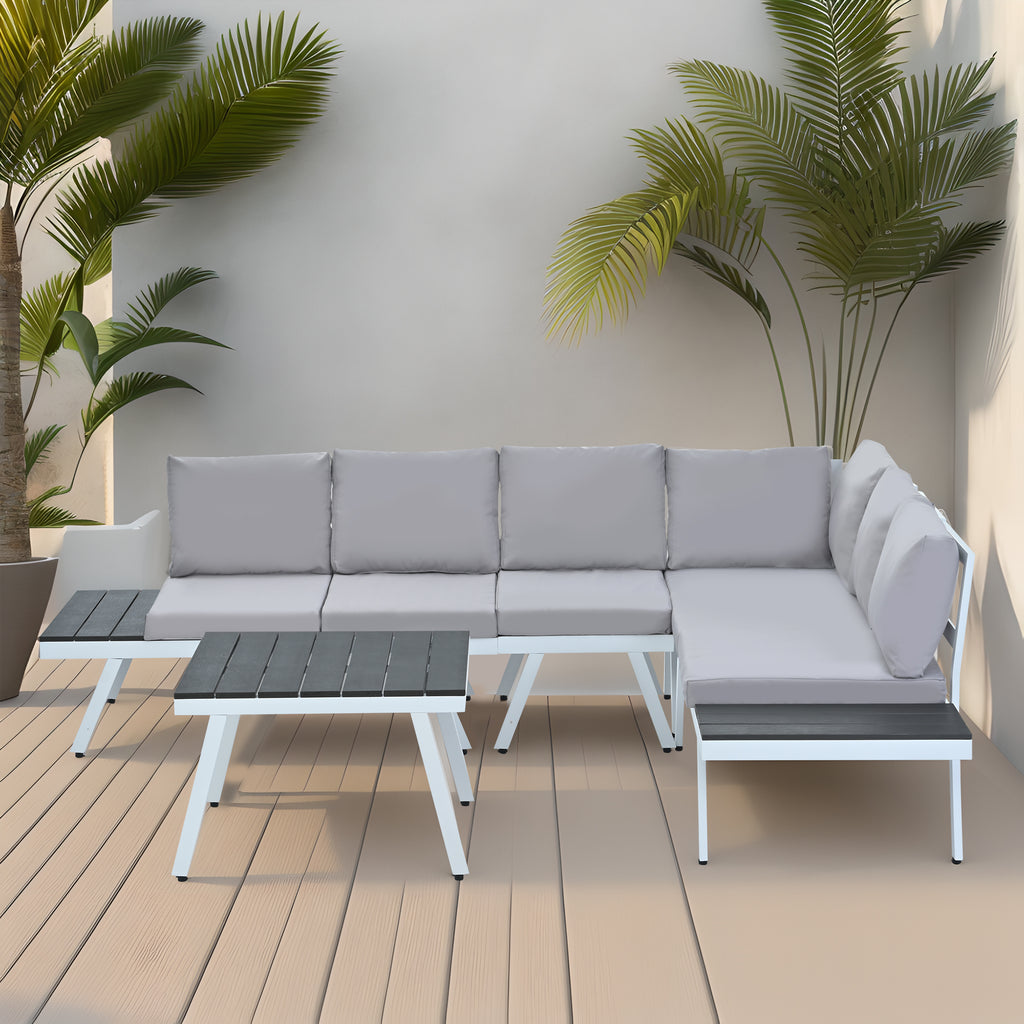 White Aluminum Patio Sectional Sofa Set with End Tables and Coffee Table P6922