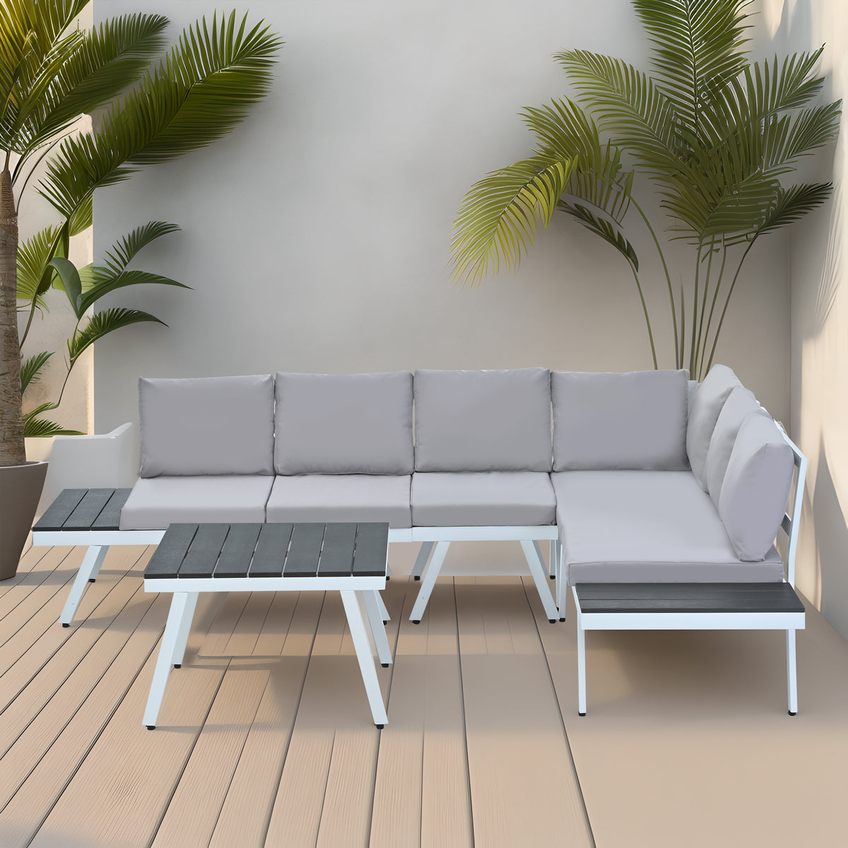 White Aluminum Patio Sectional Sofa Set with End Tables and Coffee Table P6922