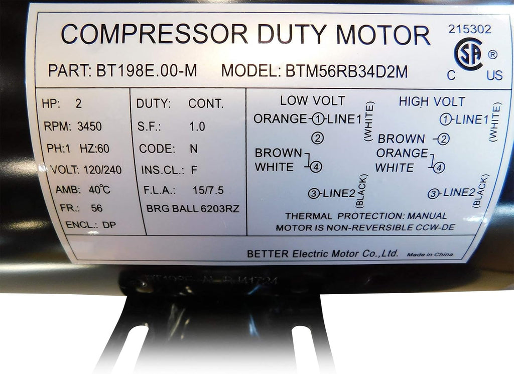 Compressor Duty Electric Motor, 3450 RPM, 56 Frame, 5/8" Shaft Diameter, 120/240 Volt H728251