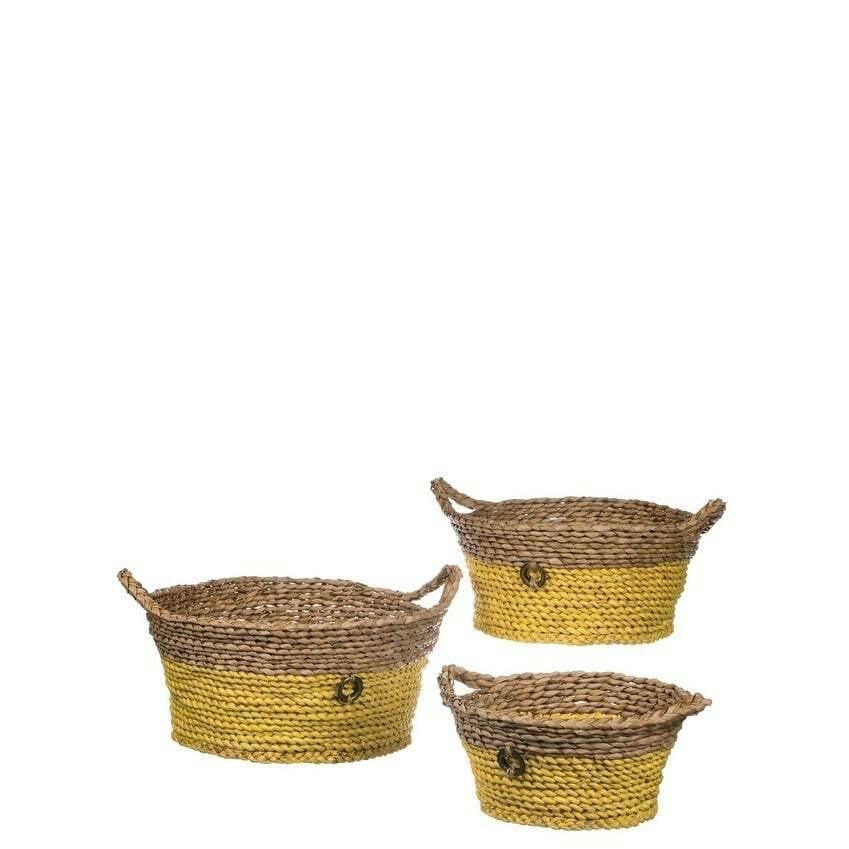 Yellow & Natural Round Woven Baskets with Handles, Set of 3 I427