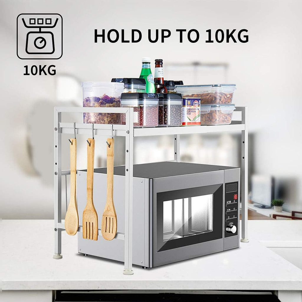 Expandable White Microwave Oven Rack Shelf Storage Stand, 2 Tiers with 3 Hooks J283402