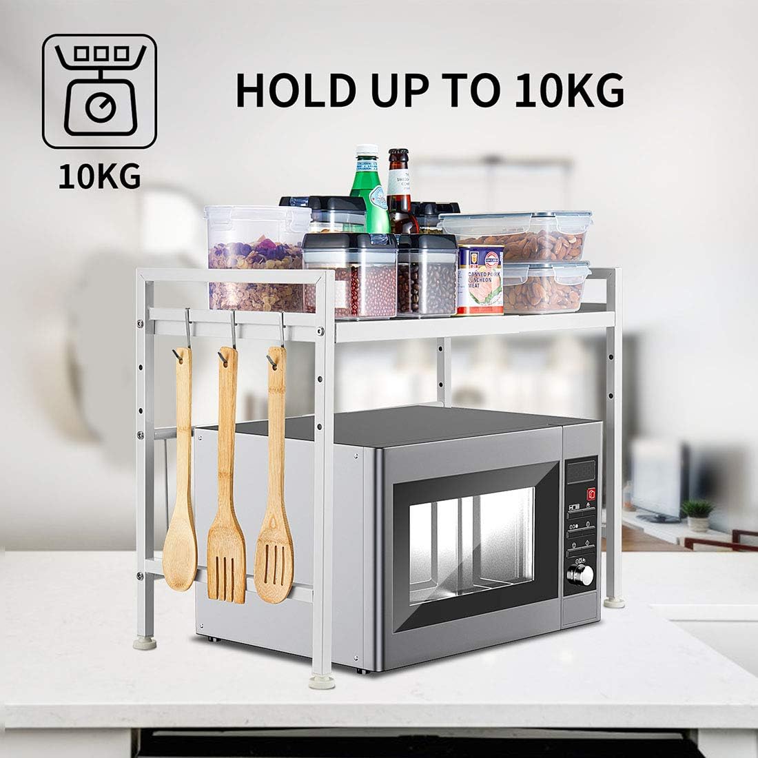 Expandable White Microwave Oven Rack Shelf Storage Stand, 2 Tiers with 3 Hooks J283402