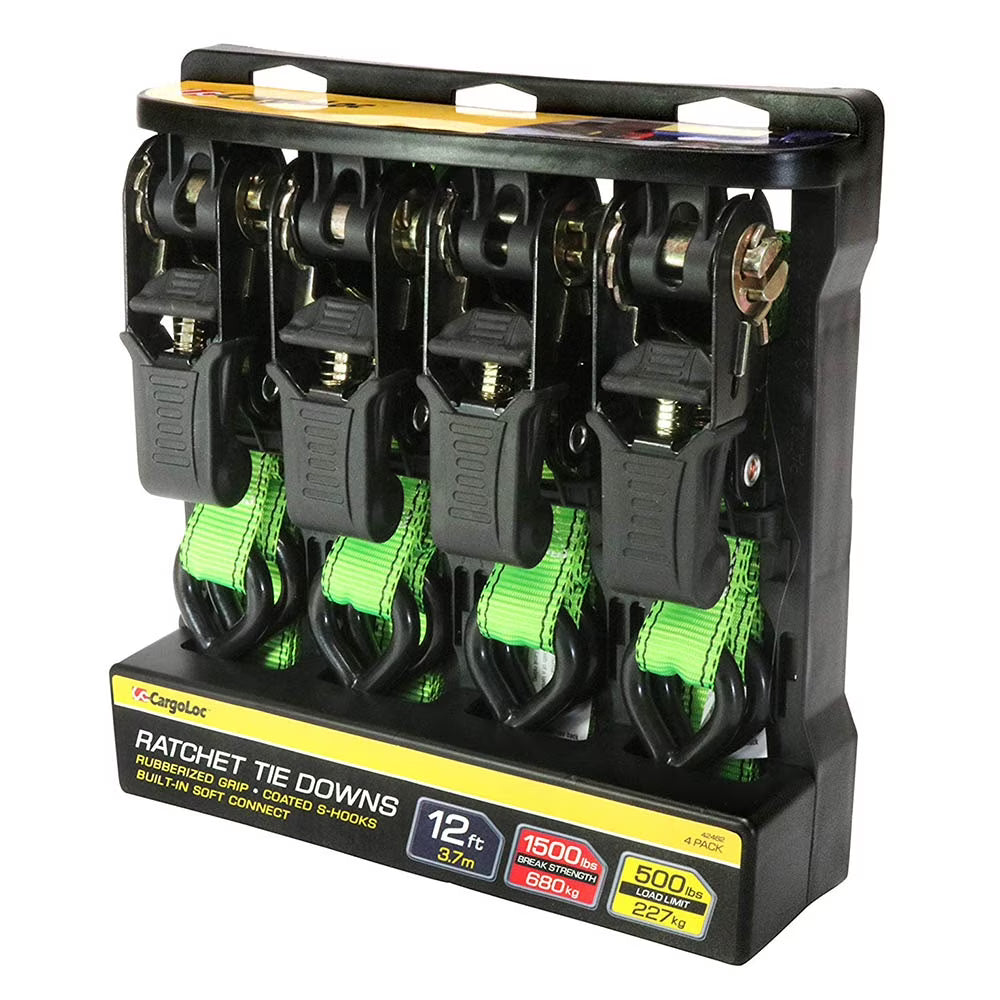 1 In x 12 Ft 500 LB Capacity Ratchet Tie Down Straps, 4 Pack E77628