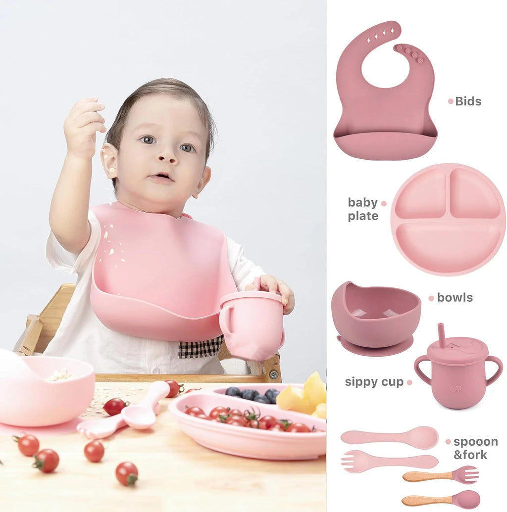 9 Pack Silicone Baby Feeding Set with Sippy Cup and Utensils P5597