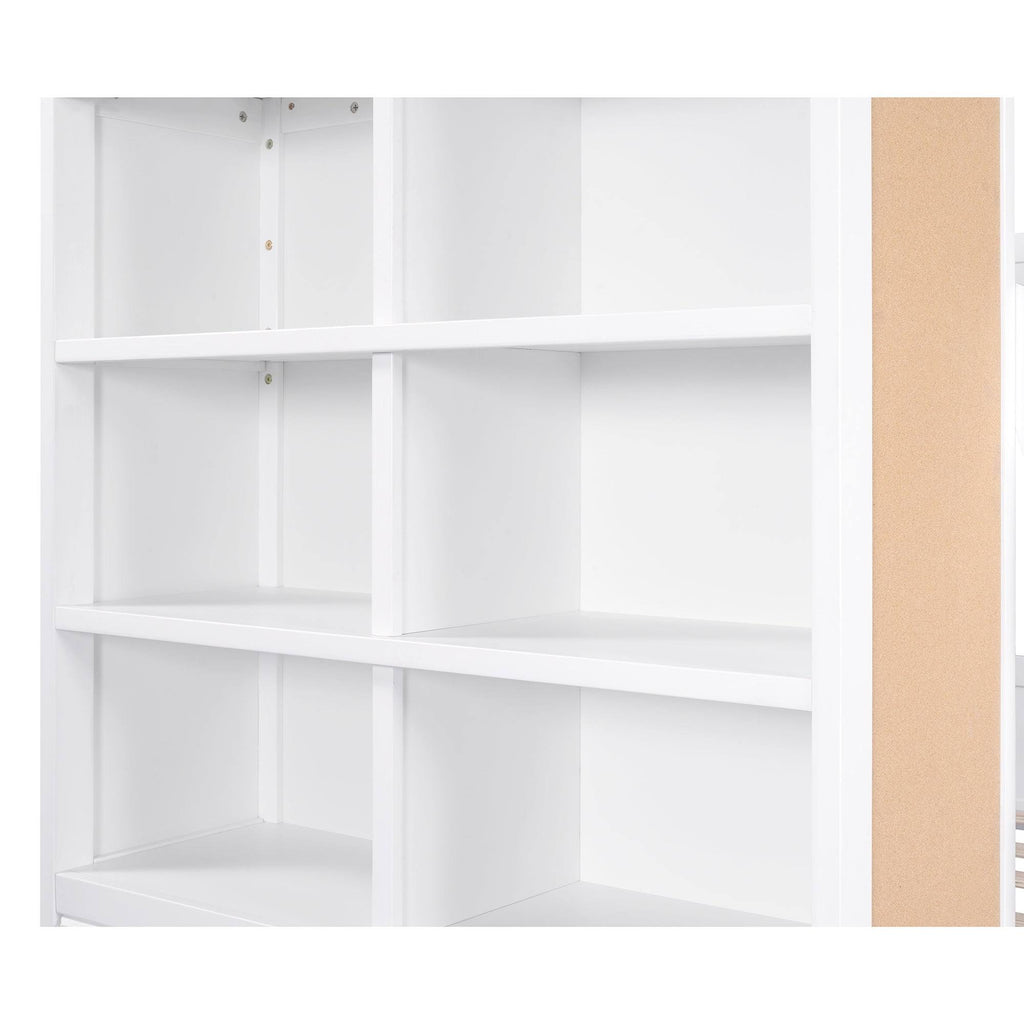 White Twin Over Twin Bunk Bed with Bookcase and 2 Drawers N794
