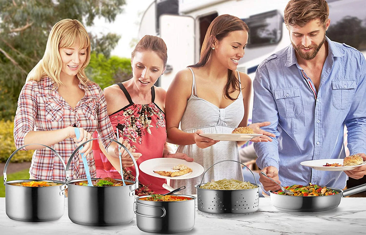 8pc Stainless Steel Camping Cookware Set with Travel Tote Bag B181569