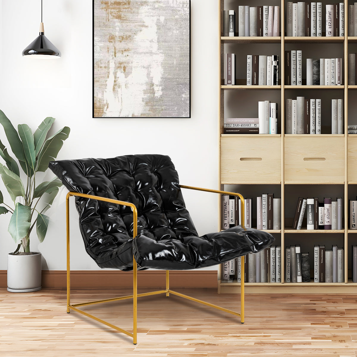Black Faux Leather Sling Chair with Gold Metal Frame M757401