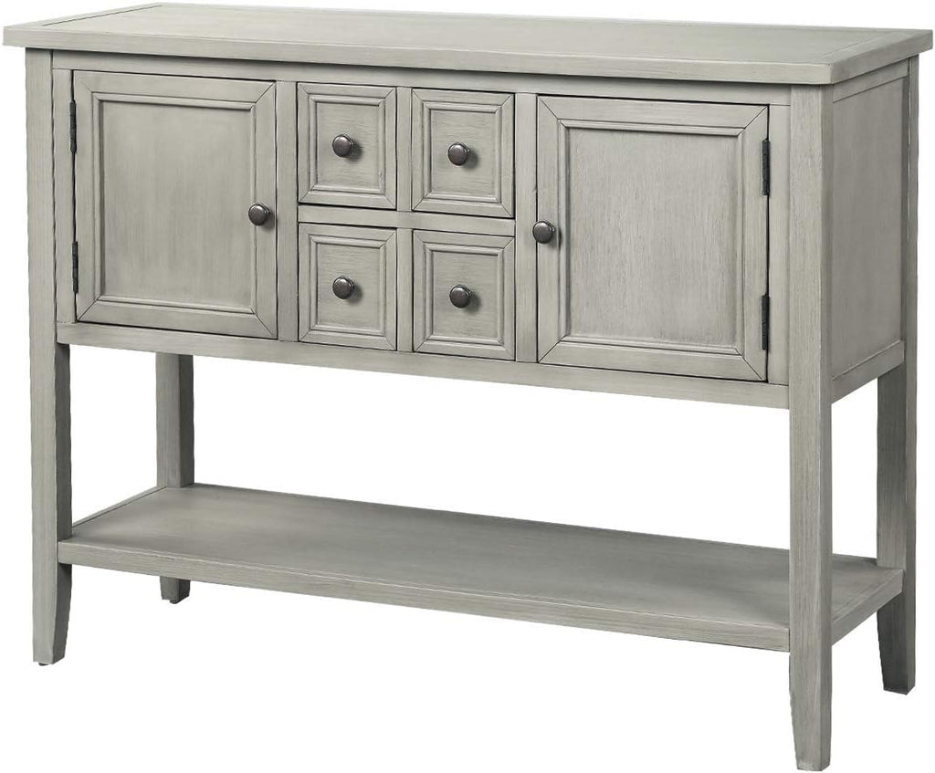 Retro Wood Console Table with 4 Storage Drawers, 2 Cabinets & Bottom Shelf, Antique Gray T719558