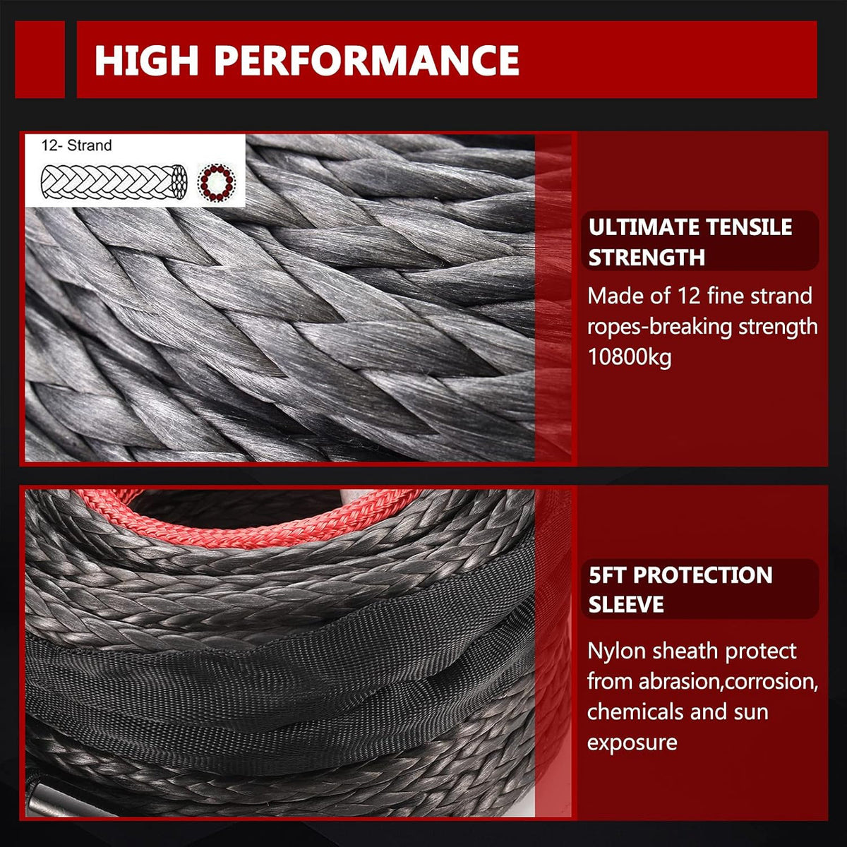 Synthetic Winch Rope 3/8 x 85', 25000 lbs with Protective Sleeve, Black Z7829