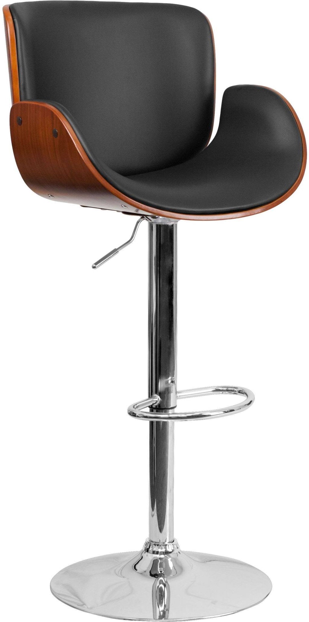 Walnut Bentwood Adjustable Height Barstool with Curved Black Vinyl Seat C86407