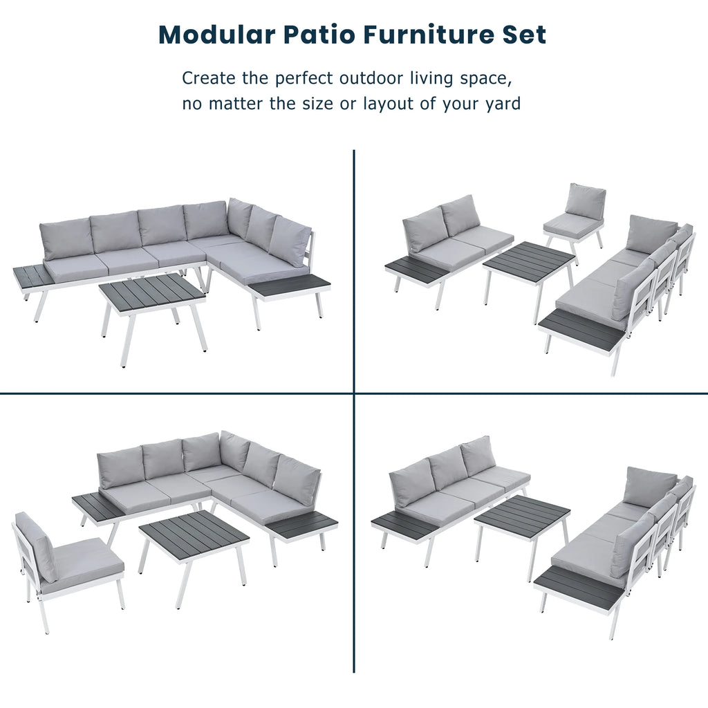 White Aluminum Patio Sectional Sofa Set with End Tables and Coffee Table P6922