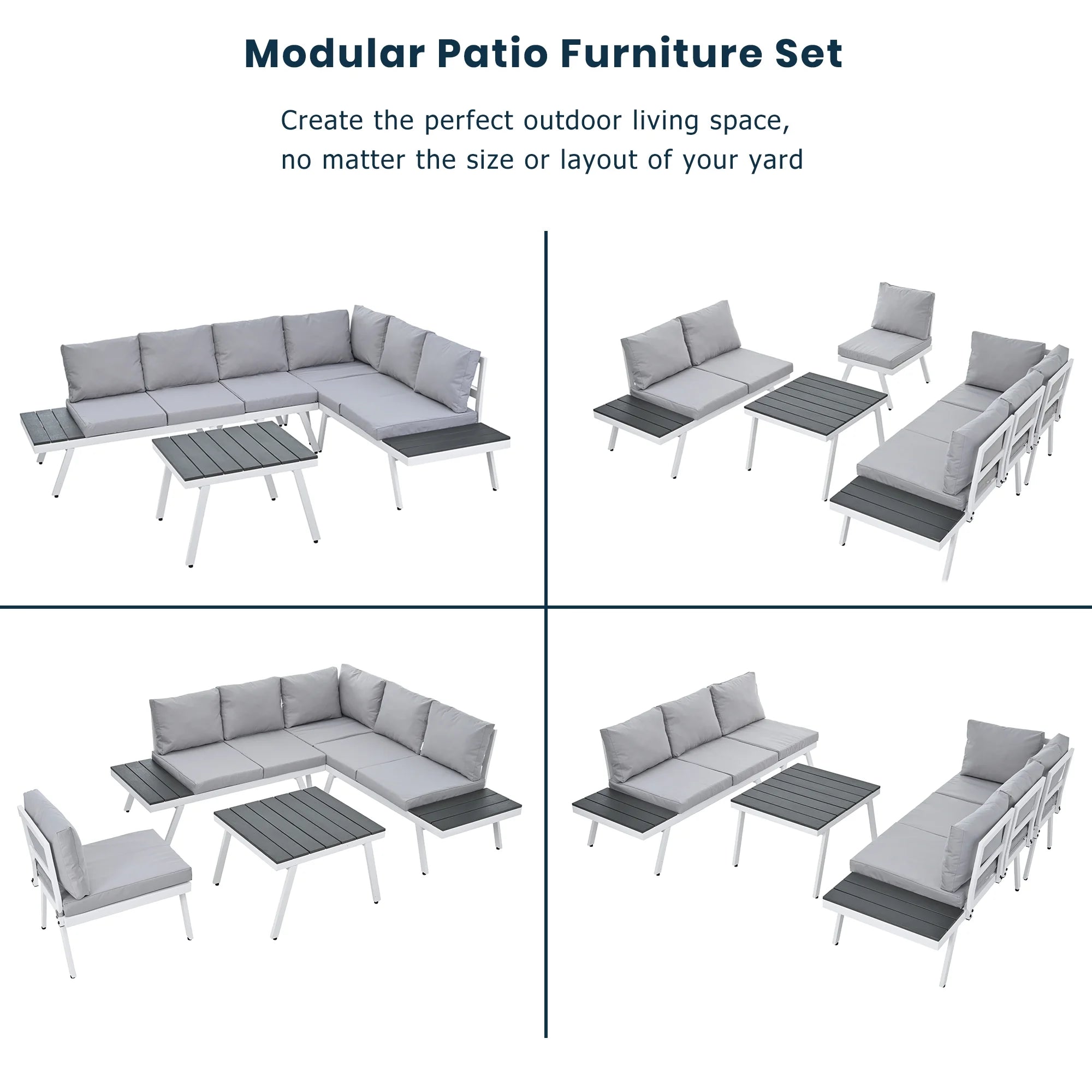 White Aluminum Patio Sectional Sofa Set with End Tables and Coffee Table P6922