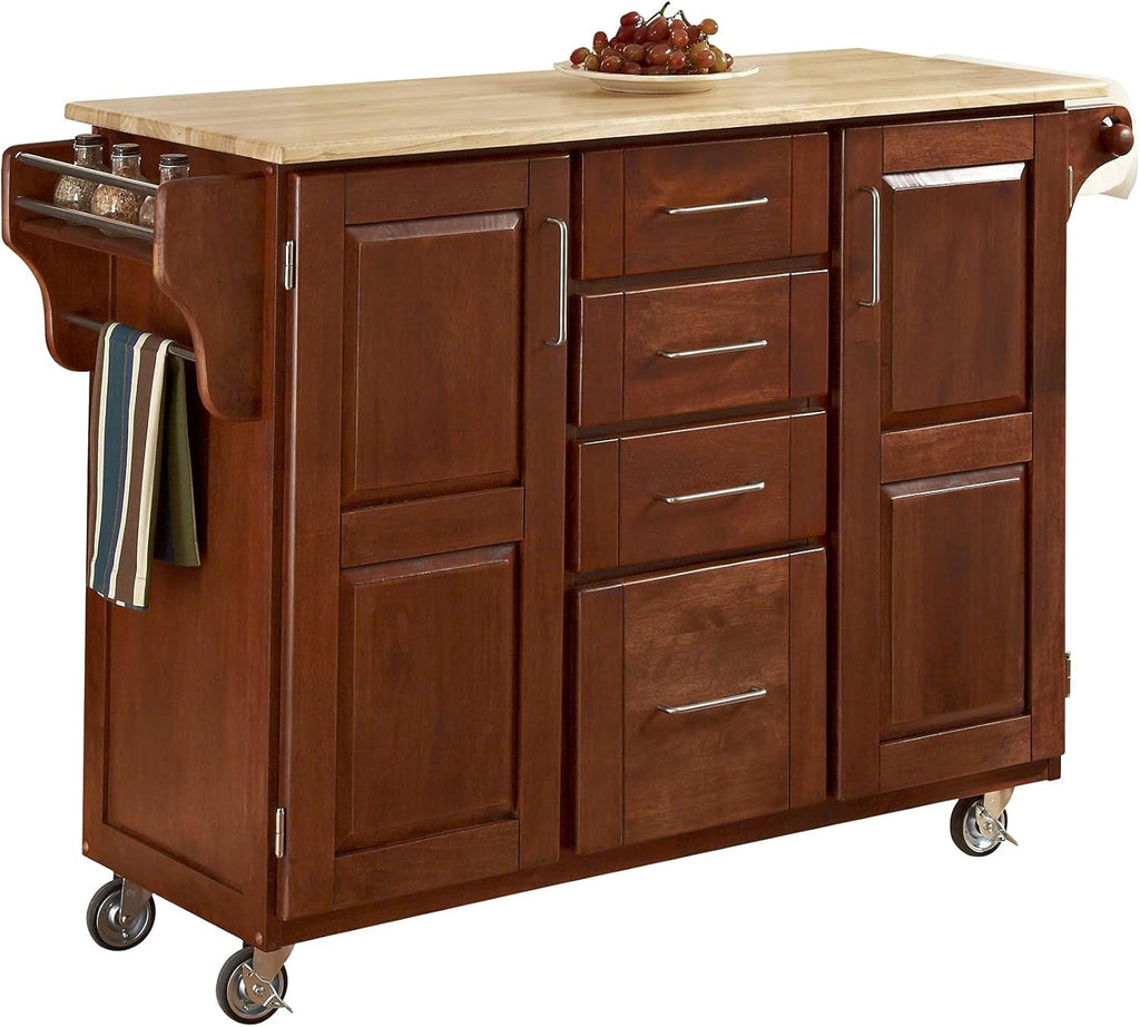 Warm Oak 2 Door Cabinet Kitchen Cart with Natural Wood Top L57971