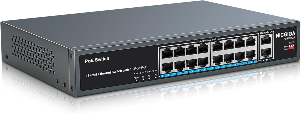 18 Port Gigabit PoE Switch with 16 Ports PoE+@250W, 2 Uplink Ports, Metal Case, RackMount P105