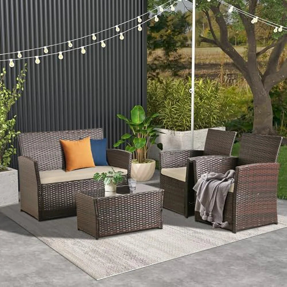 4 Pieces Gray Wicker Rattan Sectional Sofa Set with Table and Loveseat X906298