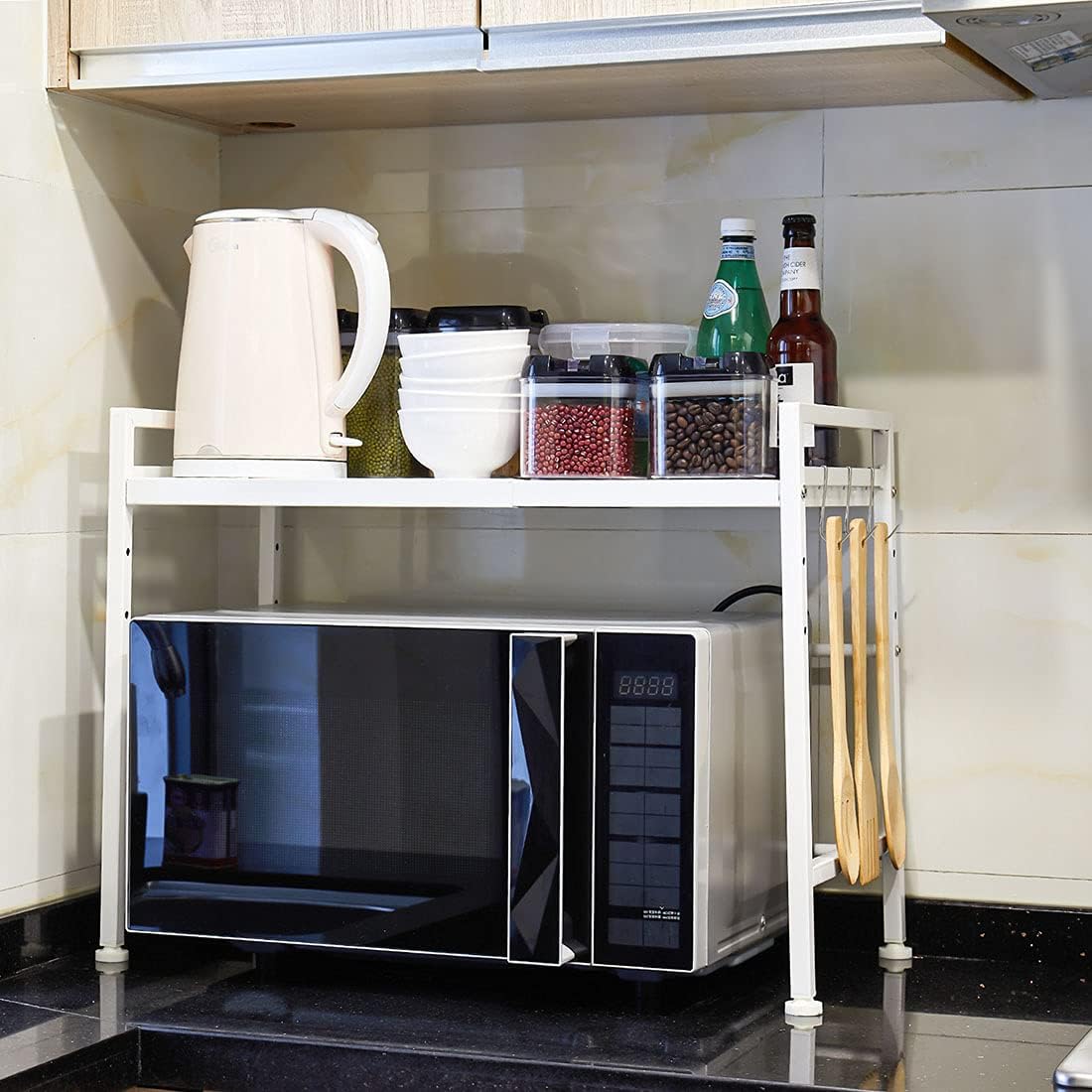 Expandable White Microwave Oven Rack Shelf Storage Stand, 2 Tiers with 3 Hooks J283402