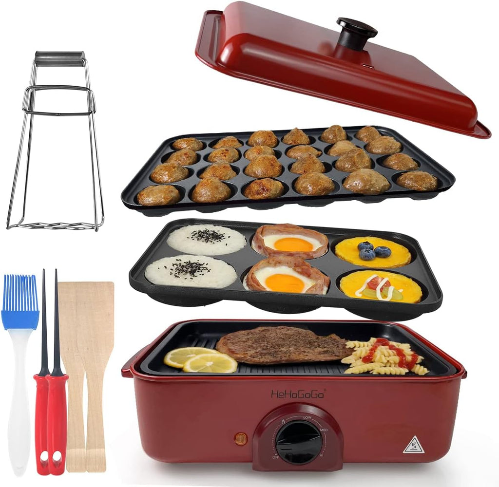 Red 3 in 1 Nonstick Electric Griddle with 3 Interchangeable Pans K42614