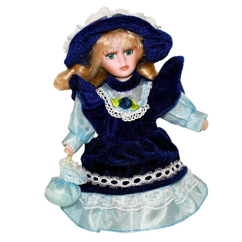 Blue Vintage Mini Porcelain Doll with Hat G21088