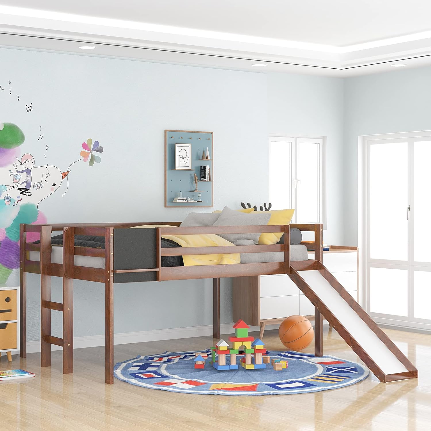 White Wood Twin Size Loft Bed with Storage Cabinet and Shelf U74694