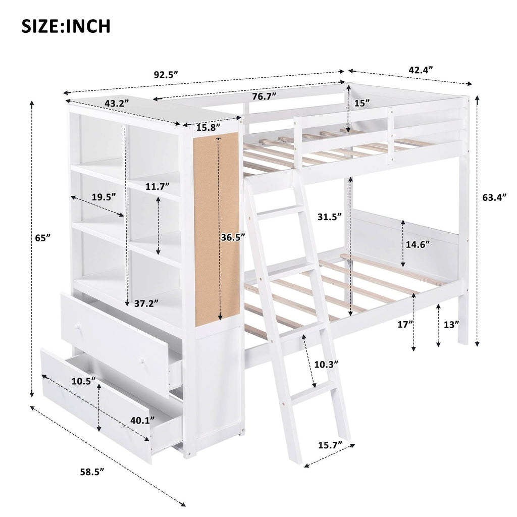White Twin Over Twin Bunk Bed with Bookcase and 2 Drawers N794
