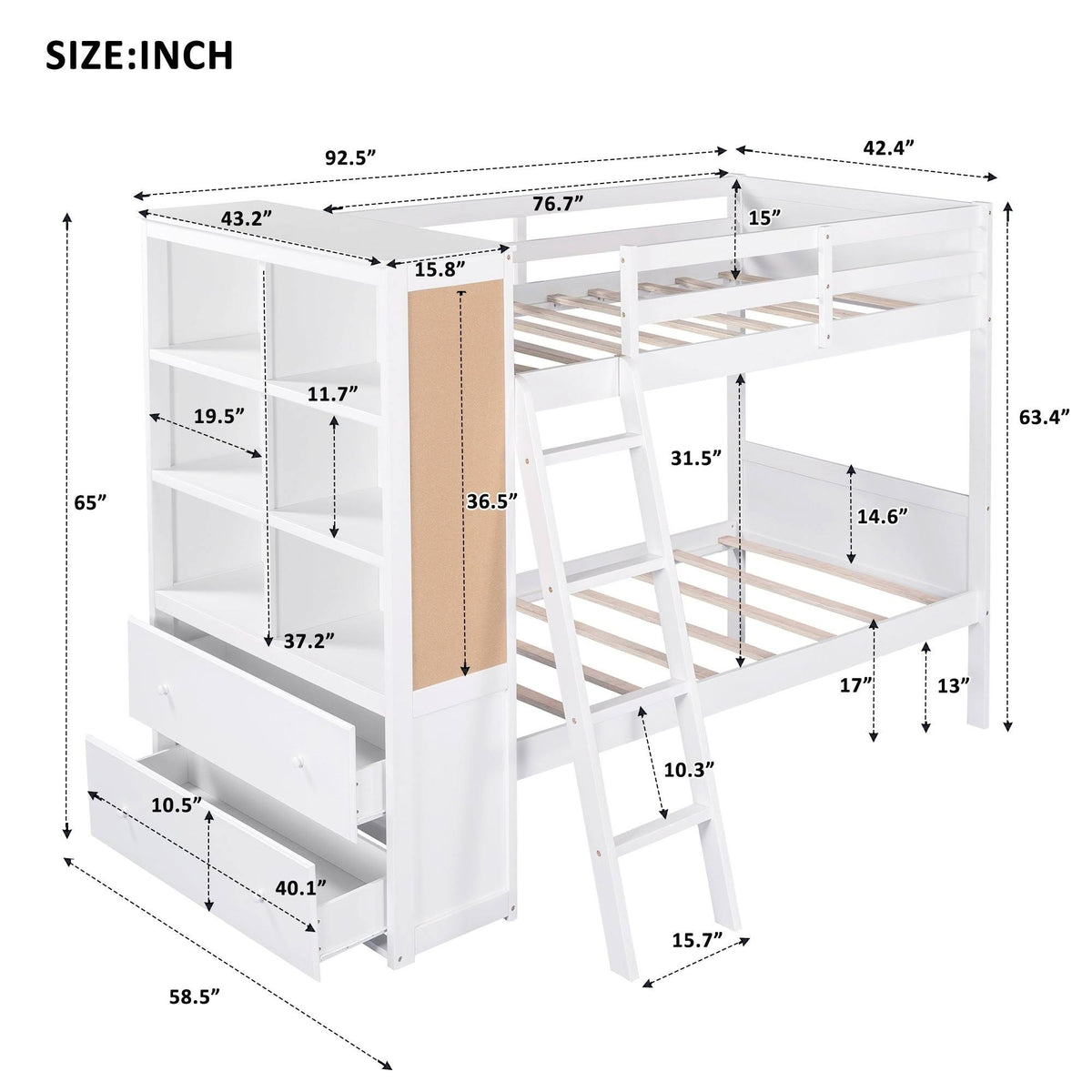 White Twin Over Twin Bunk Bed with Bookcase and 2 Drawers N794