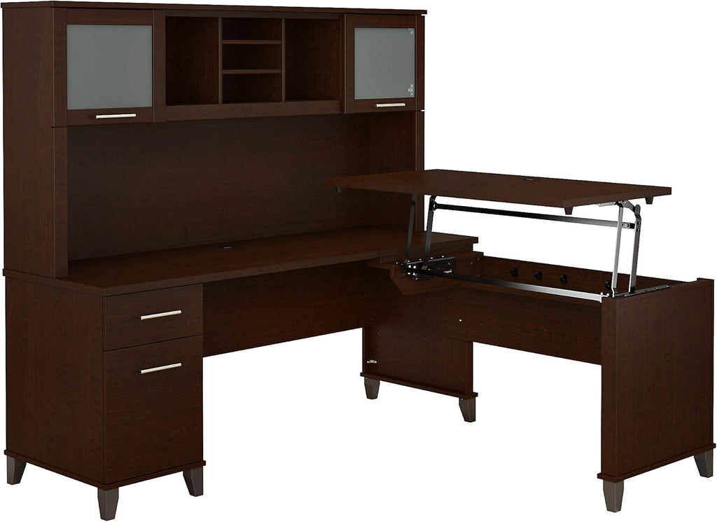 Sit to Stand L Shaped Desk with Hutch in Sand Oak K42337
