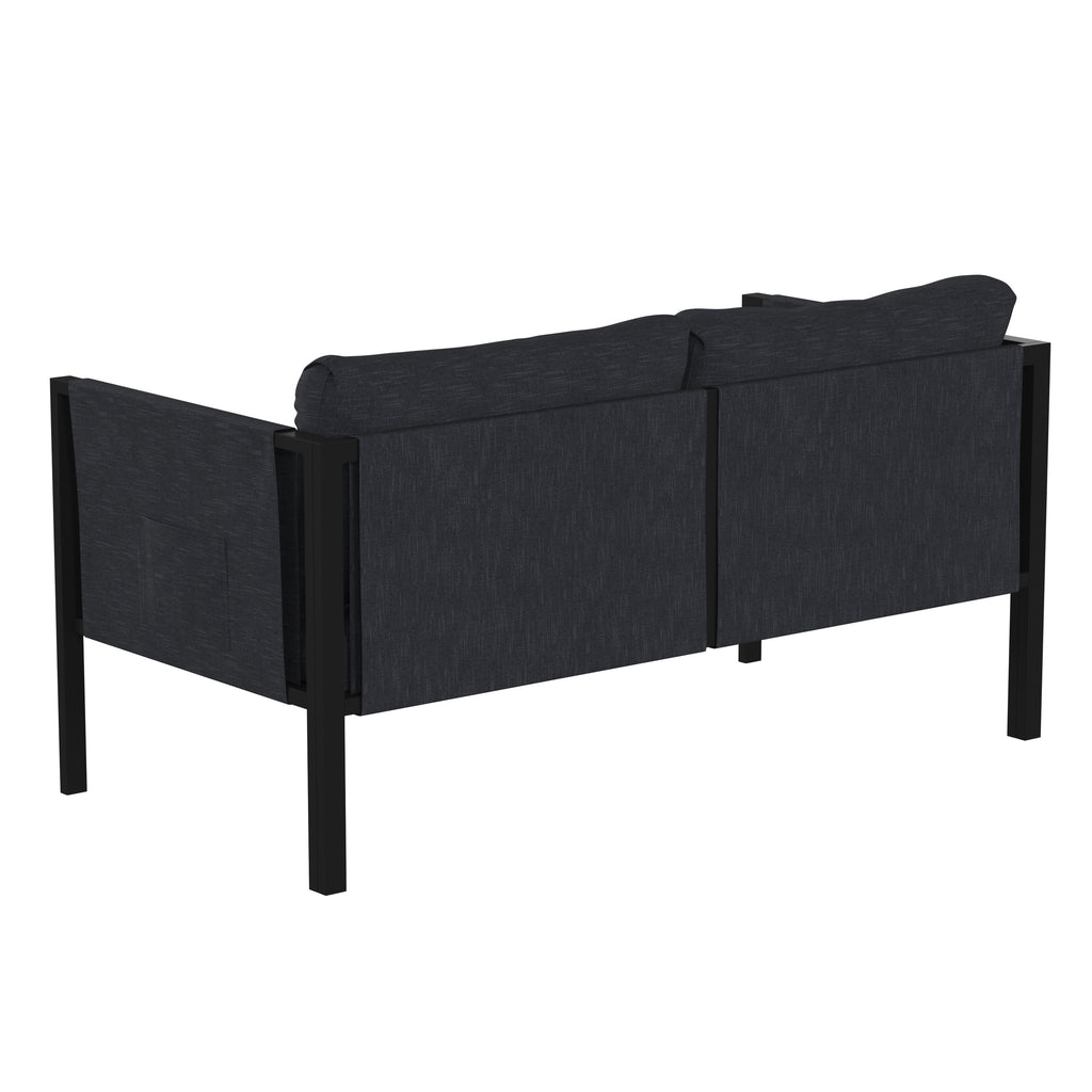 Black Steel Framed Patio Loveseat with Charcoal Cushions and 2 Storage Pockets L667895