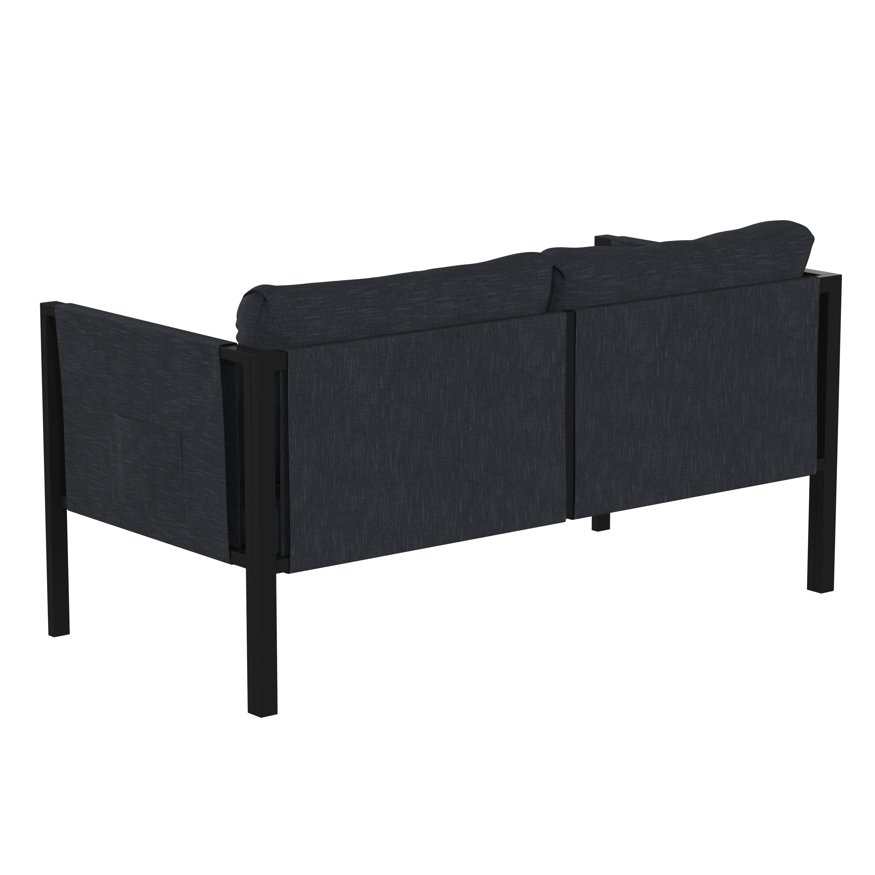 Black Steel Framed Patio Loveseat with Charcoal Cushions and 2 Storage Pockets L667895