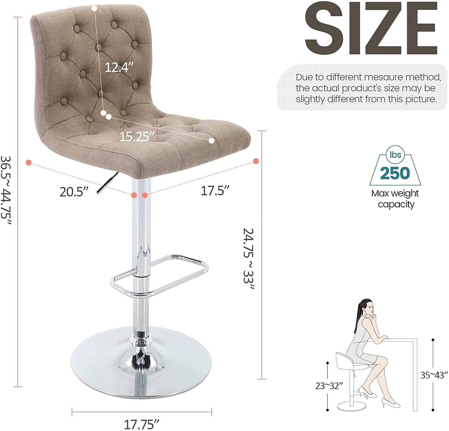 Tufted Swivel Bar Stool with Back, Fabric Upholstered Armless Bar Chair C949255