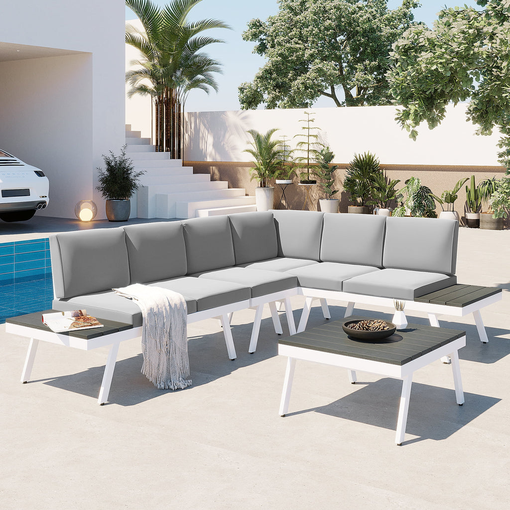 White Aluminum Patio Sectional Sofa Set with End Tables and Coffee Table P6922