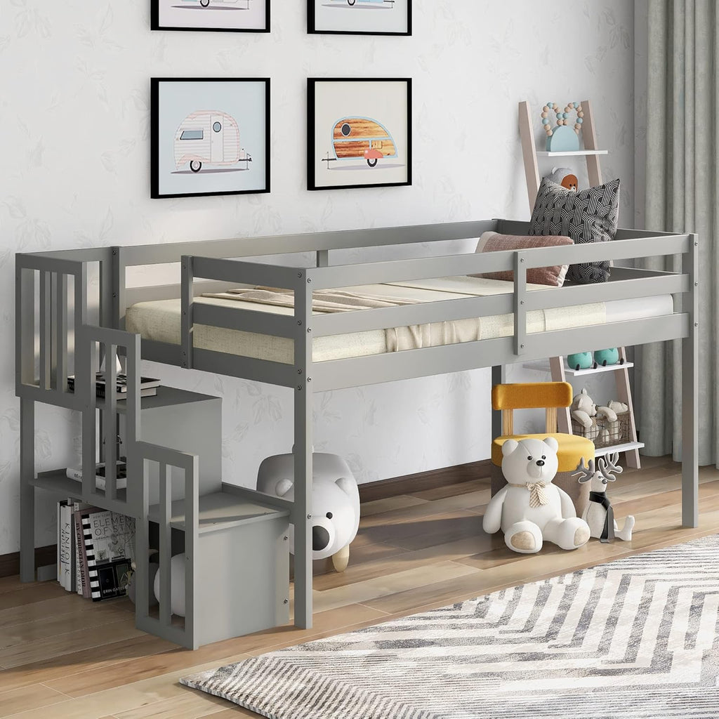 White Wood Twin Size Loft Bed with Storage Cabinet and Shelf U74694