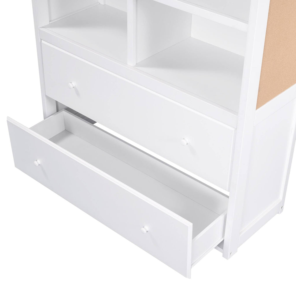 White Twin Over Twin Bunk Bed with Bookcase and 2 Drawers N794