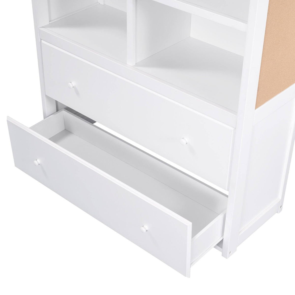 White Twin Over Twin Bunk Bed with Bookcase and 2 Drawers N794