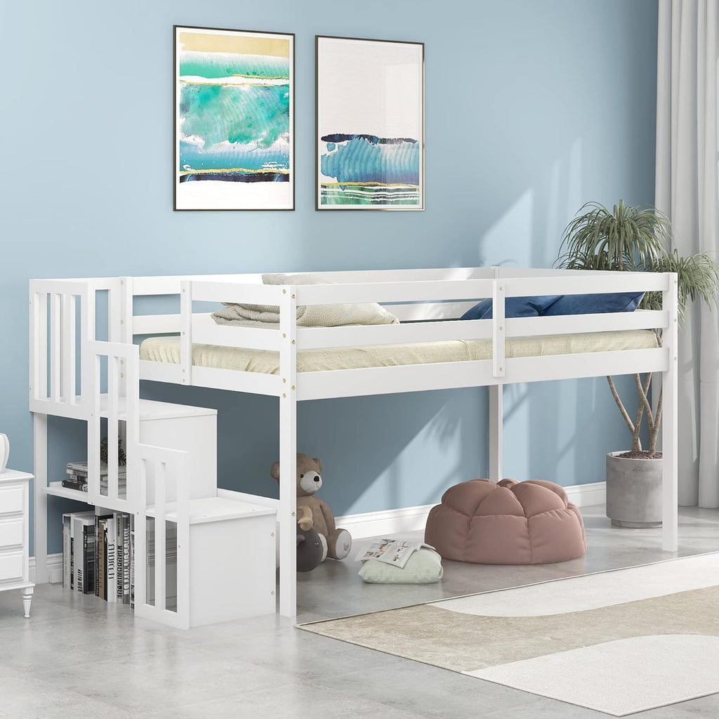 White Wood Twin Size Loft Bed with Storage Cabinet and Shelf U74694