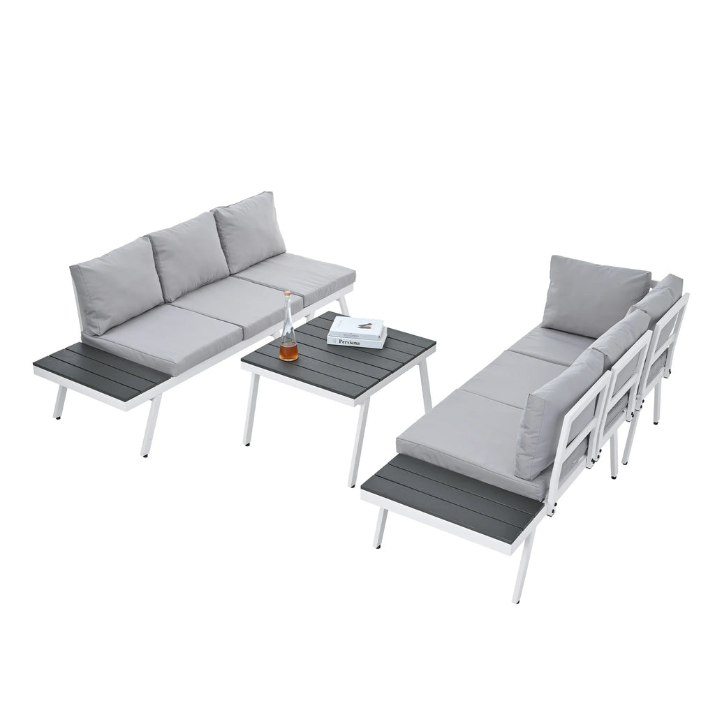 White Aluminum Patio Sectional Sofa Set with End Tables and Coffee Table P6922