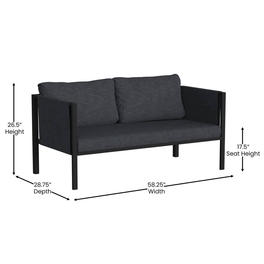 Black Steel Framed Patio Loveseat with Charcoal Cushions and 2 Storage Pockets L667895