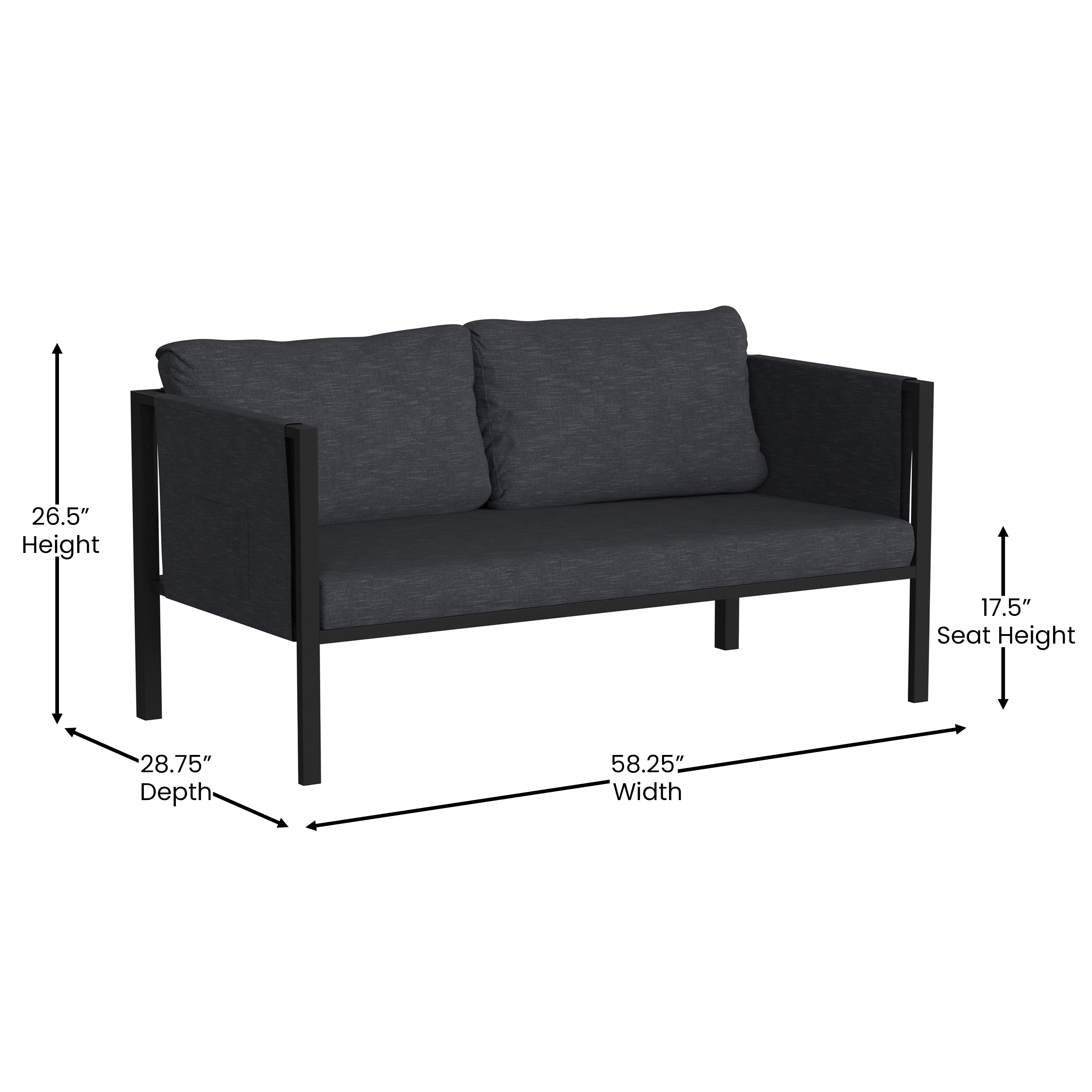 Black Steel Framed Patio Loveseat with Charcoal Cushions and 2 Storage Pockets L667895