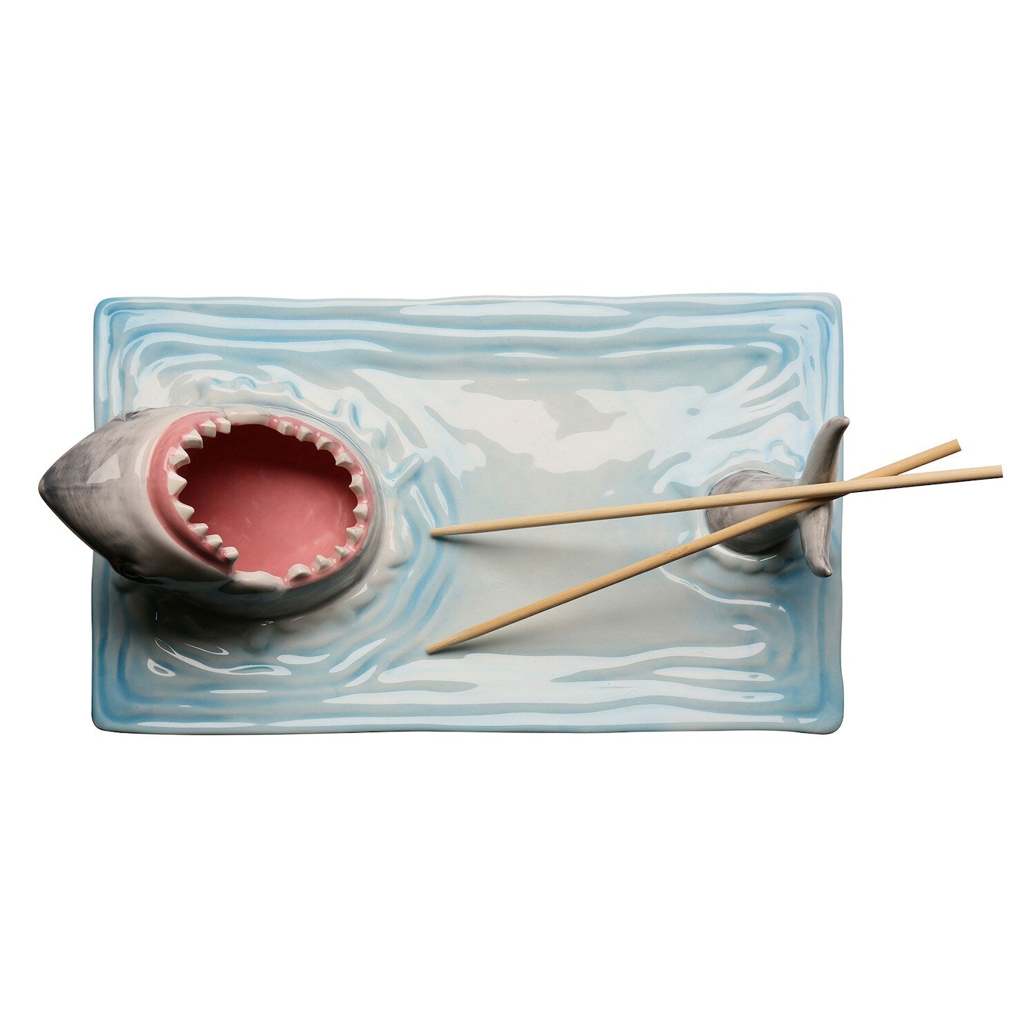 Shark Attack Sushi Plate, Hand-Painted Ceramic Serving Tray with Soy Sauce Holder and Chopsticks Rest O15089