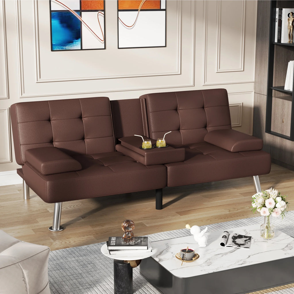 Futon Sofa Bed Faux Leather Convertible Folding Recliner with 2 Cup Holders F46929