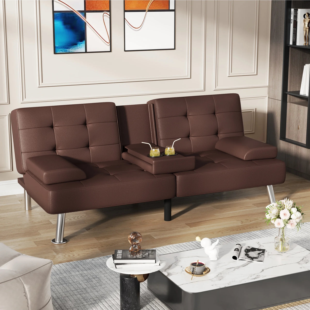 Futon Sofa Bed Faux Leather Convertible Folding Recliner with 2 Cup Holders F46929