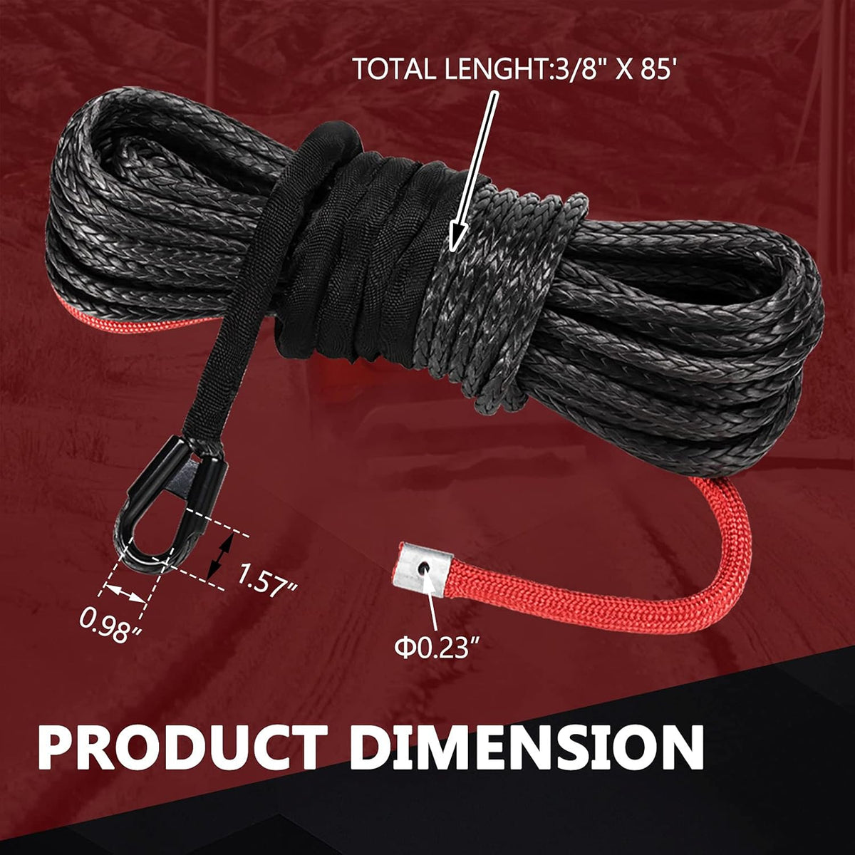Synthetic Winch Rope 3/8 x 85', 25000 lbs with Protective Sleeve, Black Z7829