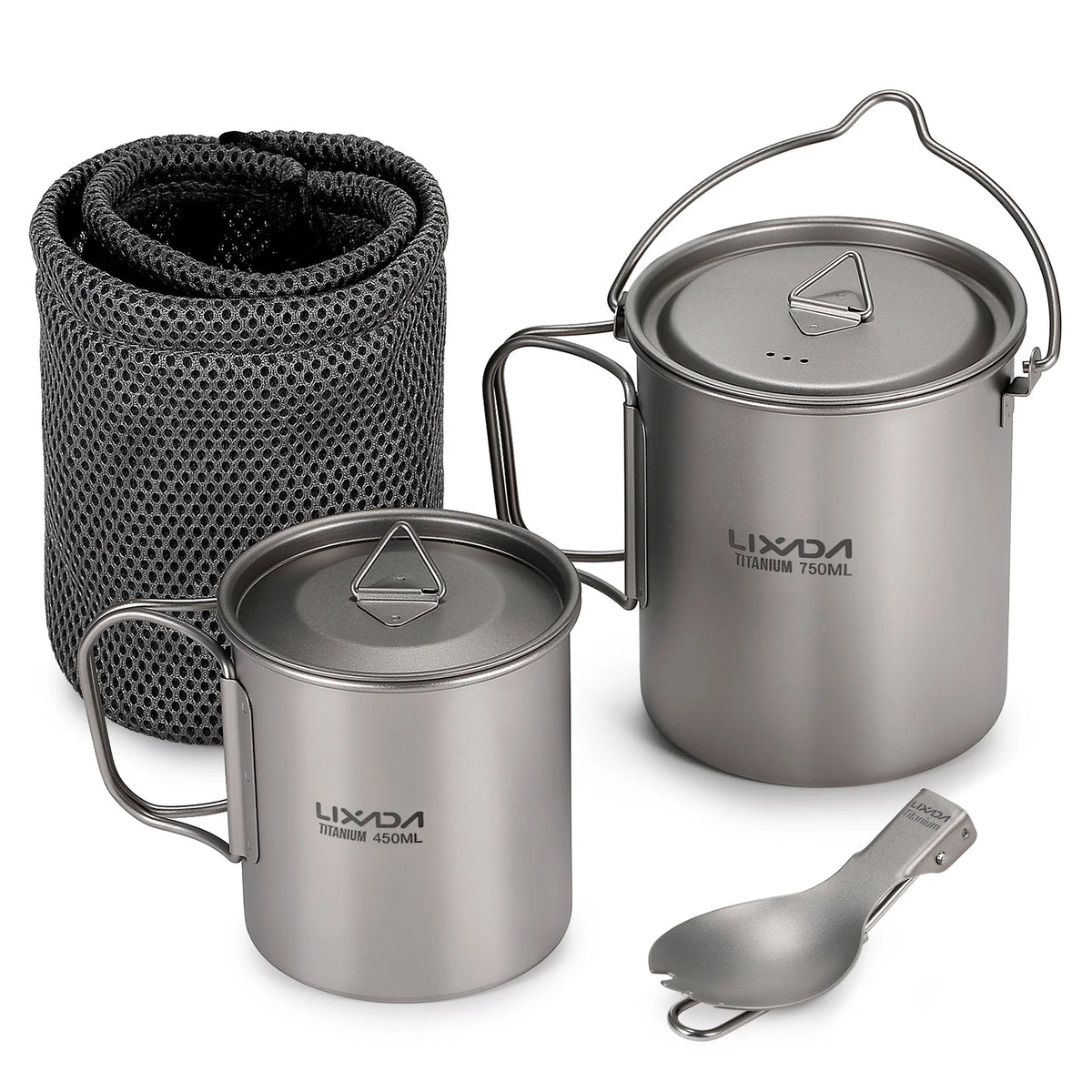 Titanium Outdoor Set with 750ml Pot, 450ml Cup, and Folding Spork G923