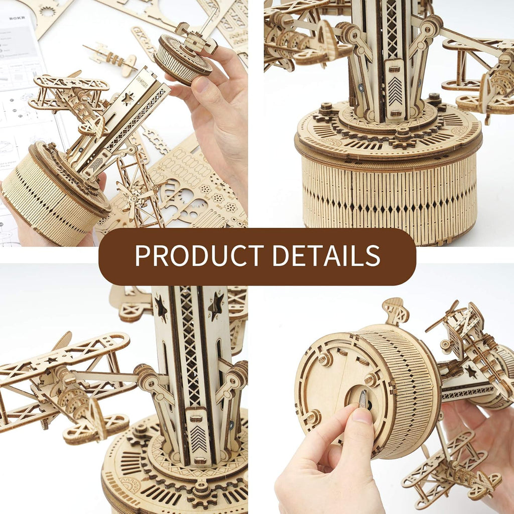 3D Wooden Puzzles Music Box DIY Model Craft Kits Mechanical Airplane-Control Tower E2107