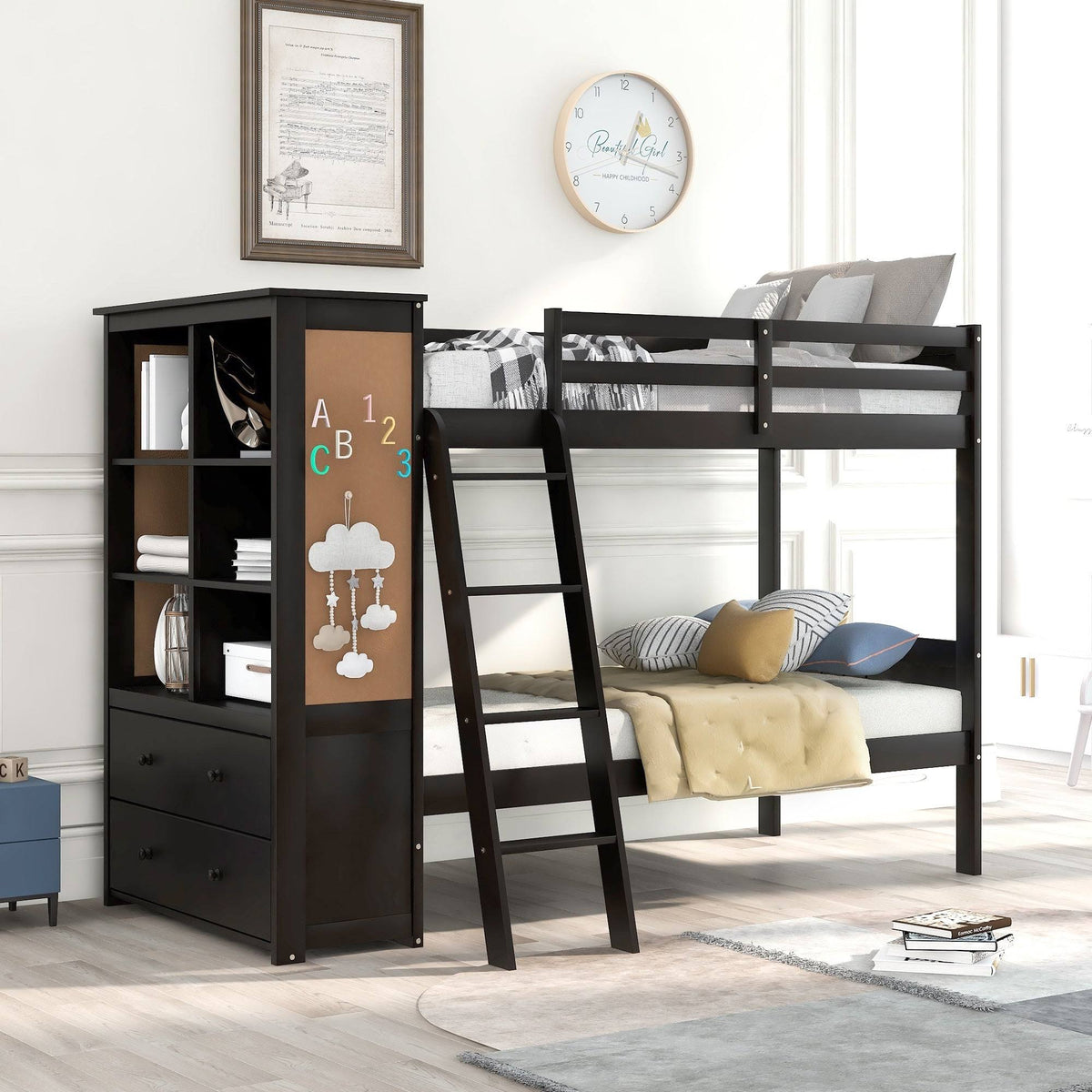 White Twin Over Twin Bunk Bed with Bookcase and 2 Drawers N794